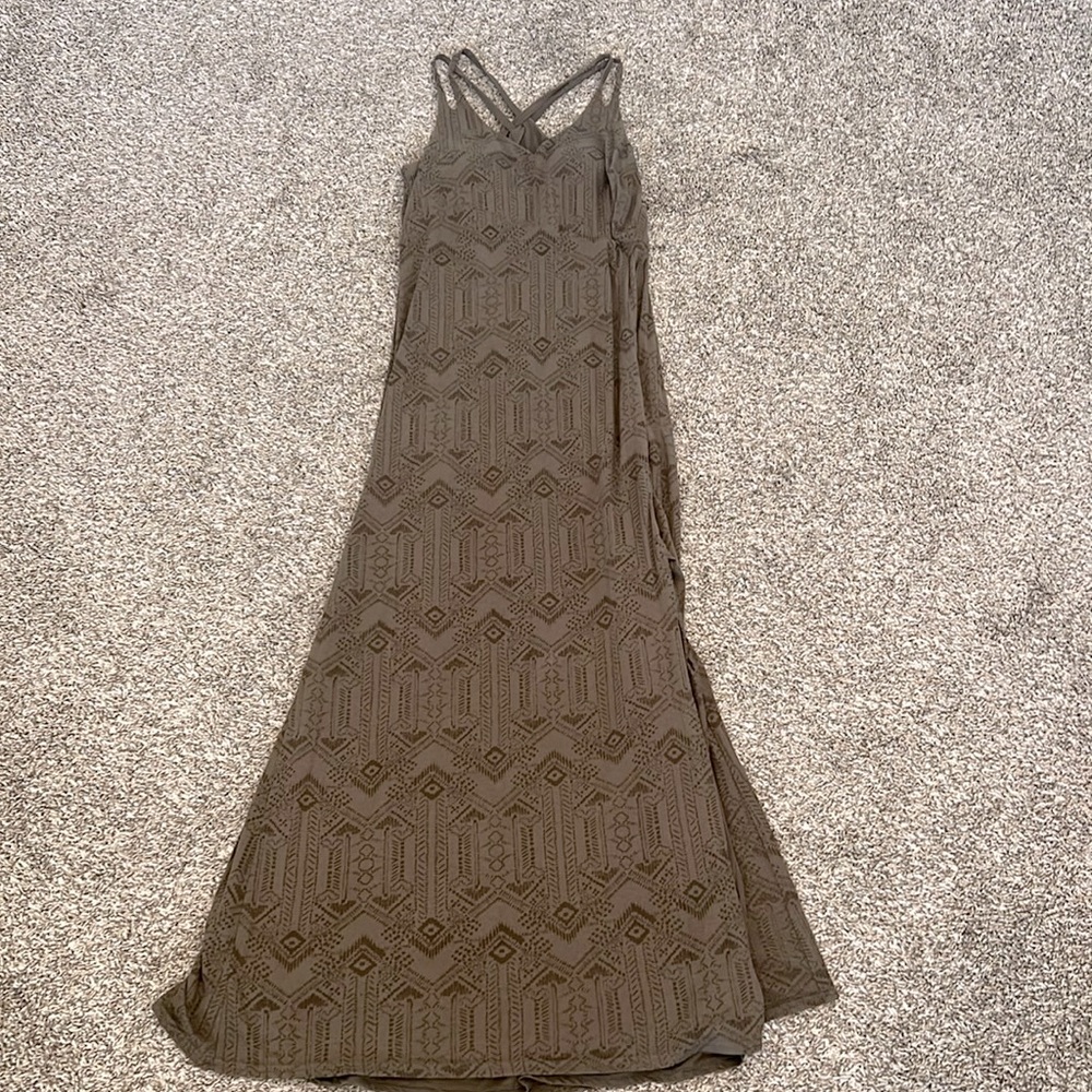 Athleta Nanda long dress. Falcon (olive) color. Flowy, sexy cross straps, bra